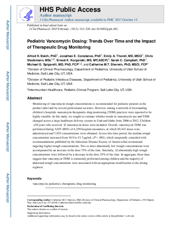 (PDF) Pediatric Vancomycin Dosing: Trends Over Time and the Impact of ...