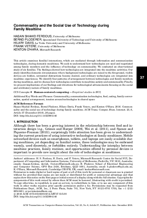 (PDF) Commensality and the Social Use of Technology during Family Mealtime