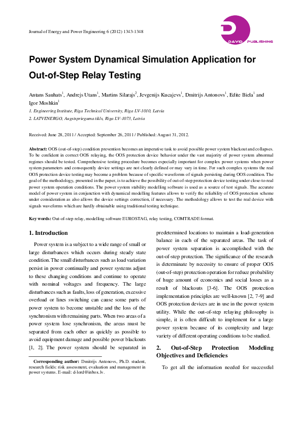 (PDF) Power System Dynamical Simulation Application for Out-of-Step ...