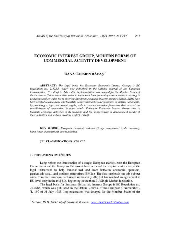 (PDF) Economic Interest Group, Modern Forms of Commercial Activity ...