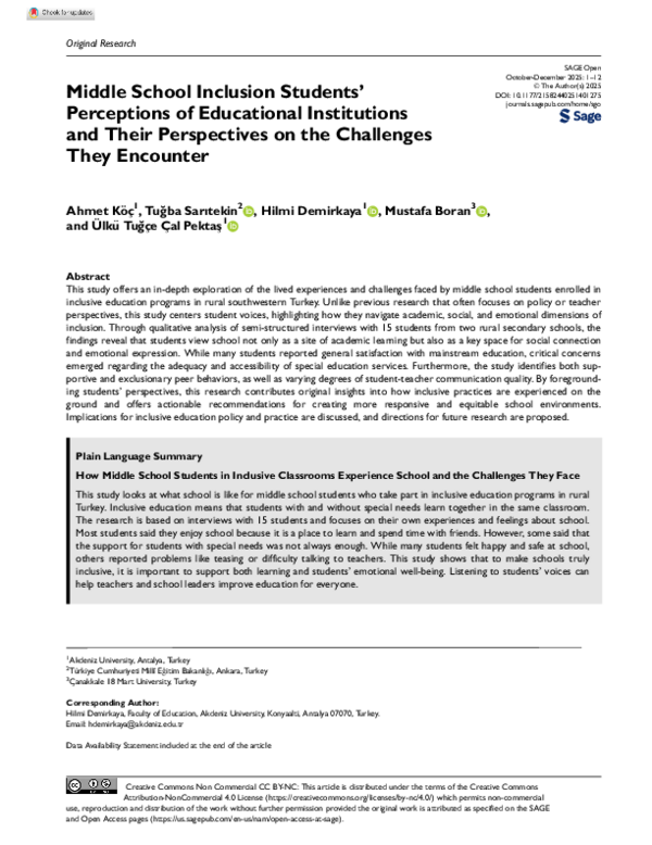 (PDF) Middle School Inclusion Students' Perceptions of Educational ...