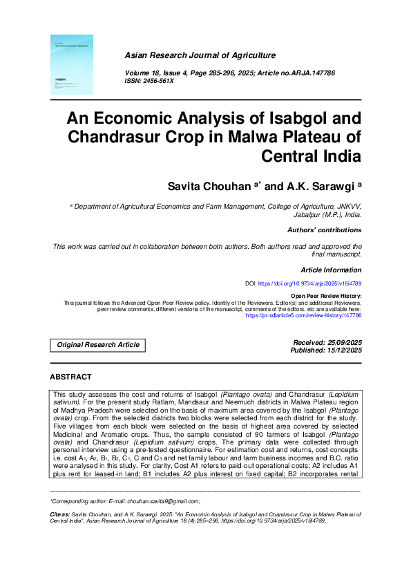 (PDF) An Economic Analysis of Isabgol and Chandrasur Crop in Malwa ...