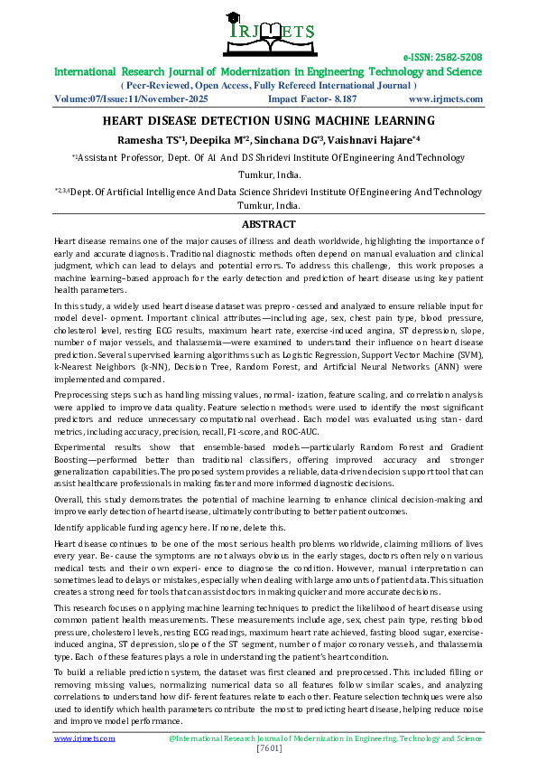 (PDF) HEART DISEASE DETECTION USING MACHINE LEARNING