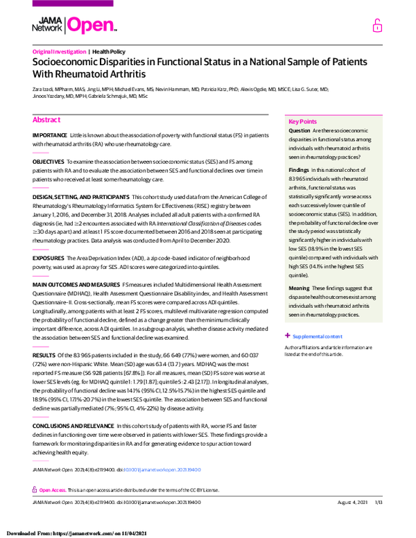 (PDF) Socioeconomic Disparities in Functional Status in a National ...
