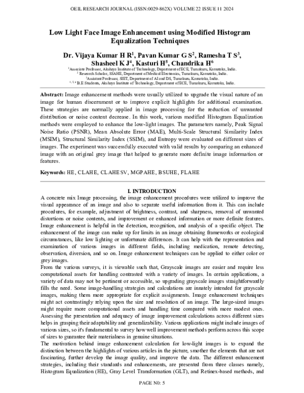 (PDF) Low Light Face Image Enhancement using Modified Histogram ...
