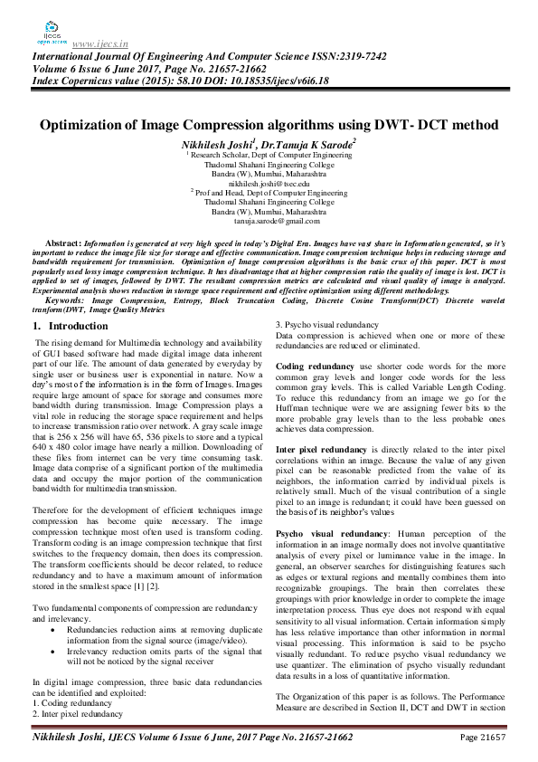 (PDF) Optimization of Image Compression algorithms using DWT- DCT method