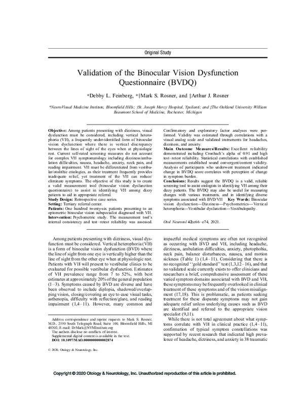 (PDF) Validation of the Binocular Vision Dysfunction Questionnaire (BVDQ)