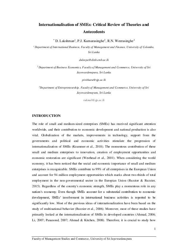 (PDF) Internationalisation of SMEs: Critical Review of Theories and ...