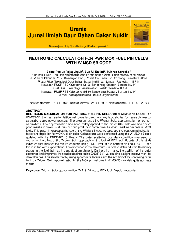 (PDF) Neutronic Calculation for PWR Mox Fuel Pin Cells with WIMSD-5B Code