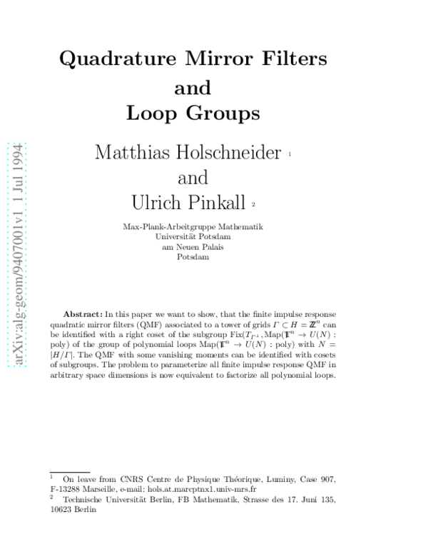 (PDF) Quadrature Mirror Filters and Loop Groups