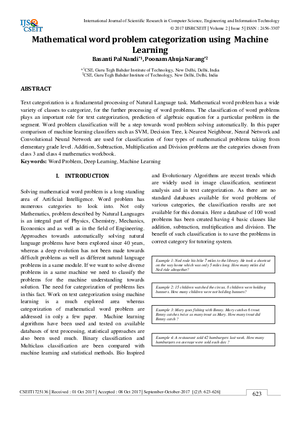 (PDF) Mathematical word problem categorization using Machine Learning