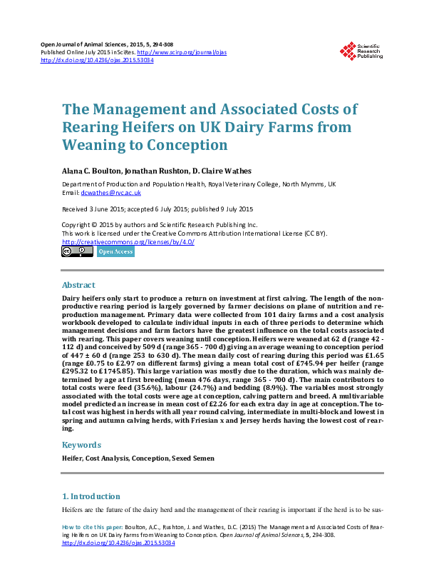 (PDF) The Management and Associated Costs of Rearing Heifers on UK ...