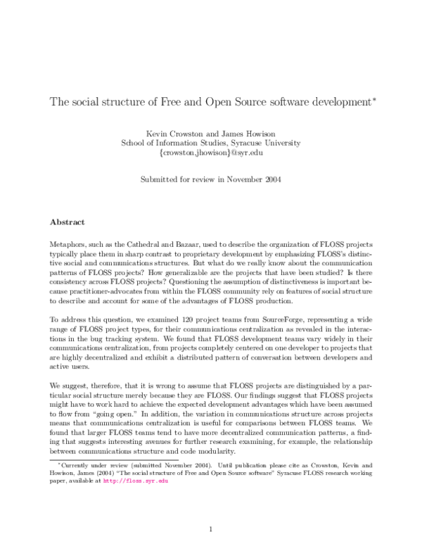 (PDF) The Social Structure of Free and Open Source Software Development