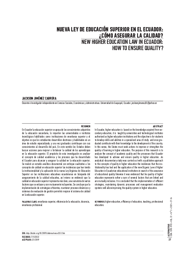 (PDF) Nueva ley de educación superior en el Ecuador: ¿cómo asegurar la ...
