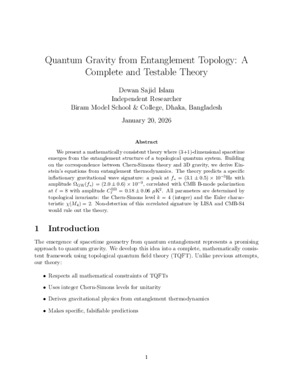 (PDF) Quantum Gravity from Entanglement Topology: A Complete and ...
