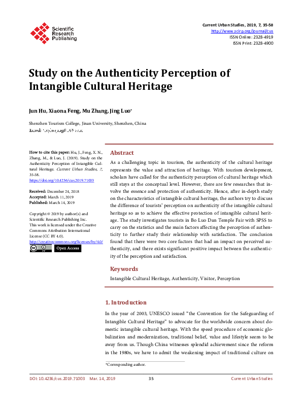 (PDF) Study on the Authenticity Perception of Intangible Cultural Heritage