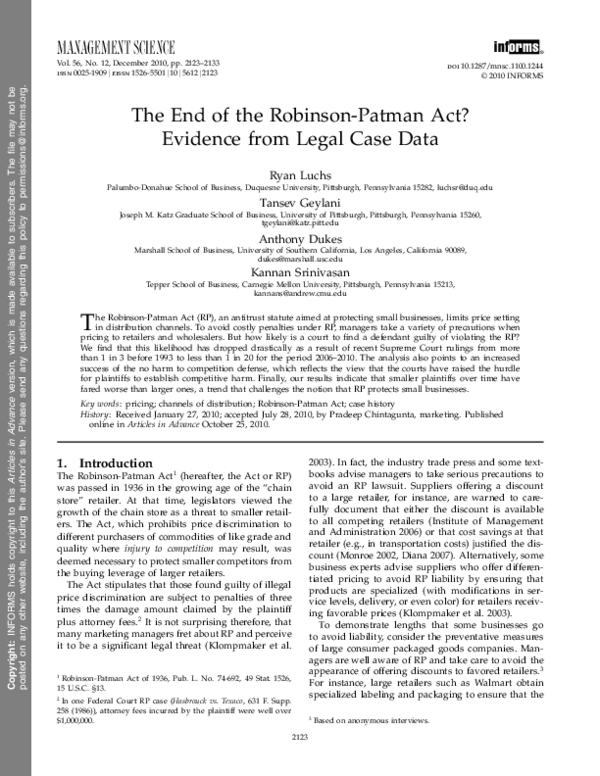 (PDF) The End of the Robinson-Patman Act? Evidence from Legal Case Data