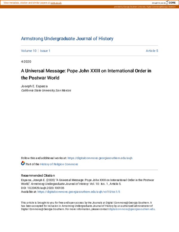 (PDF) A Universal Message: Pope John XXIII on International Order in ...