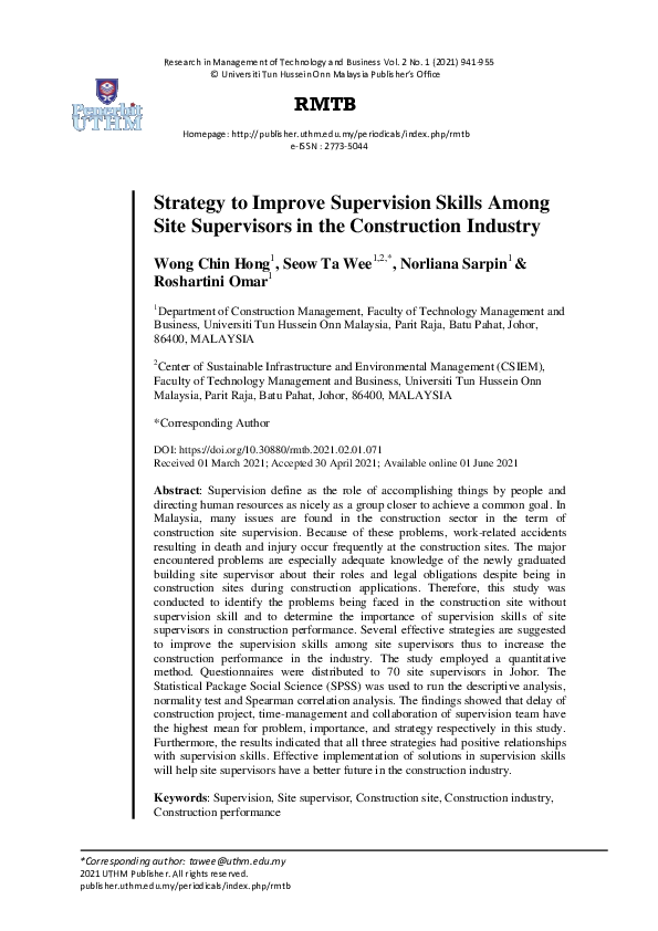 (PDF) Strategy to Improve Supervision Skills Among Site Supervisors in ...