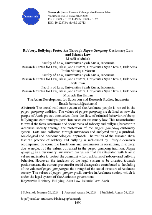 (PDF) Robbery, Bullying: Protection Through Pageu Gampong Customary Law ...