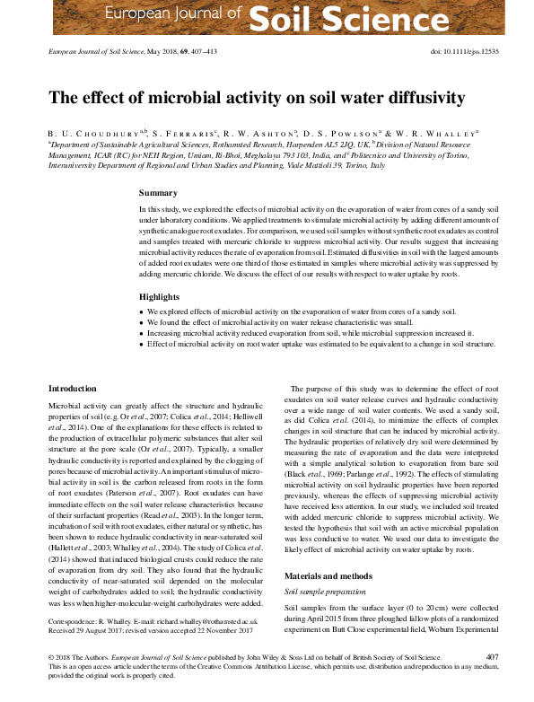 (PDF) The effect of microbial activity on soil water diffusivity