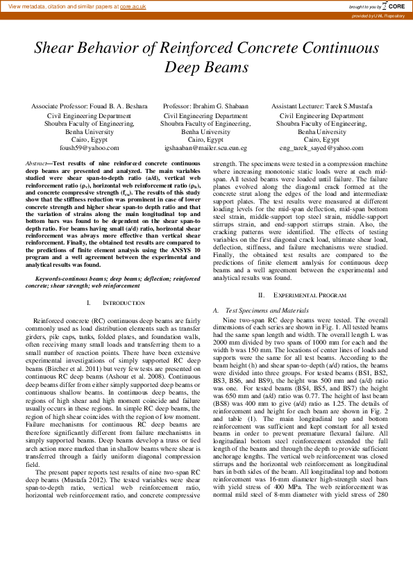 (PDF) Shear behavior of reinforced concrete continuous deep beams