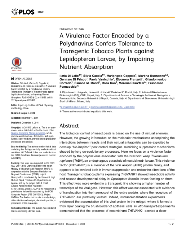 (PDF) A Virulence Factor Encoded by a Polydnavirus Confers Tolerance to ...