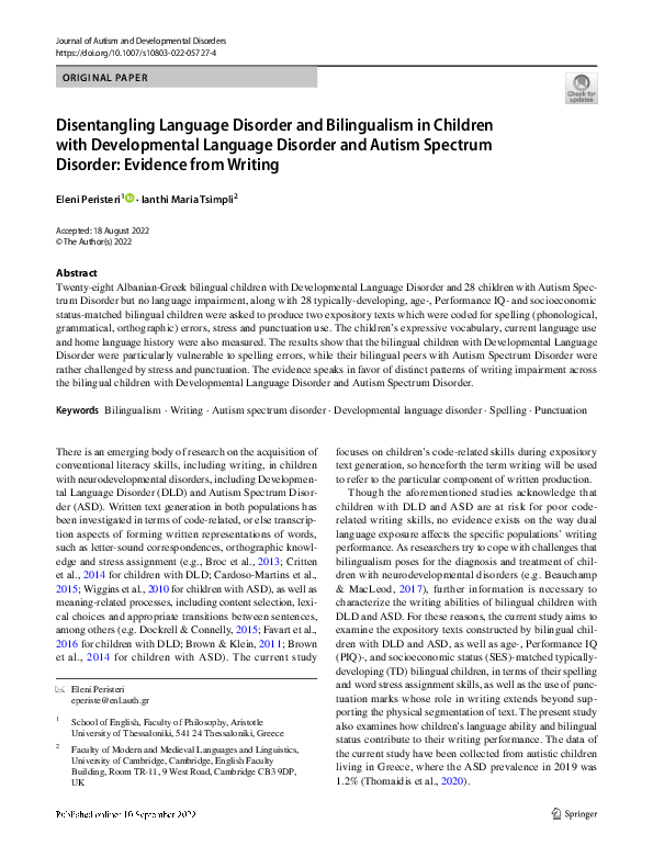 (PDF) Disentangling Language Disorder and Bilingualism in Children with ...