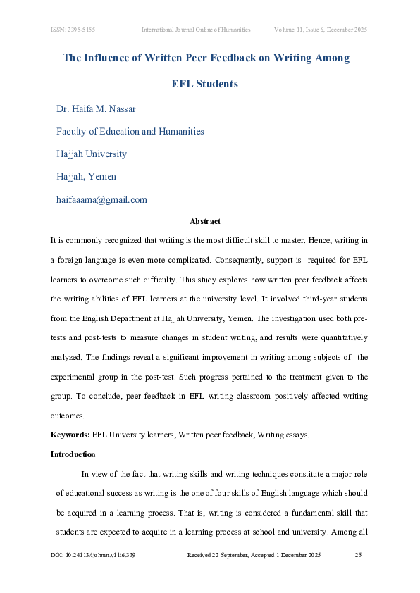 (PDF) The Influence of Written Peer Feedback on Writing Among EFL Students