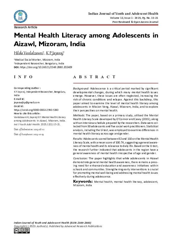 (PDF) Mental Health Literacy among Adolescents in Aizawl, Mizoram, India