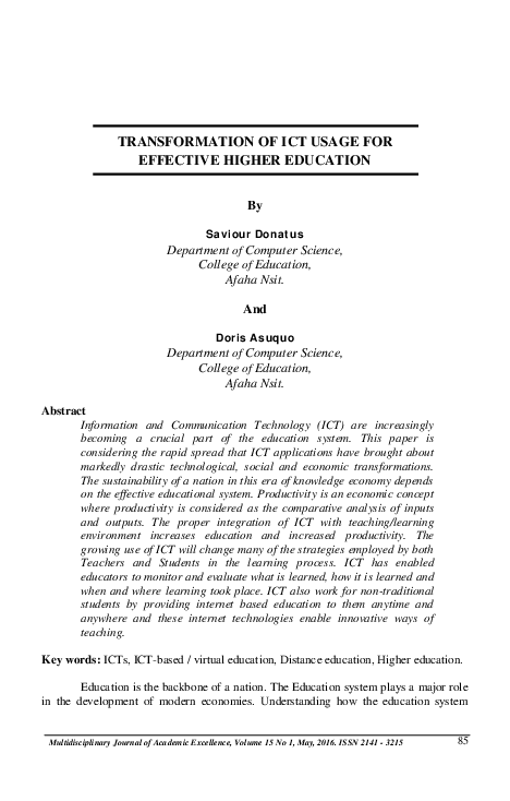 (PDF) TRANSFORMATION OF ICT USAGE FOR EFFECTIVE HIGHER EDUCATION By