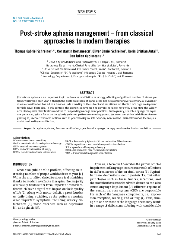 (PDF) Post-stroke aphasia management – from classical approaches to ...
