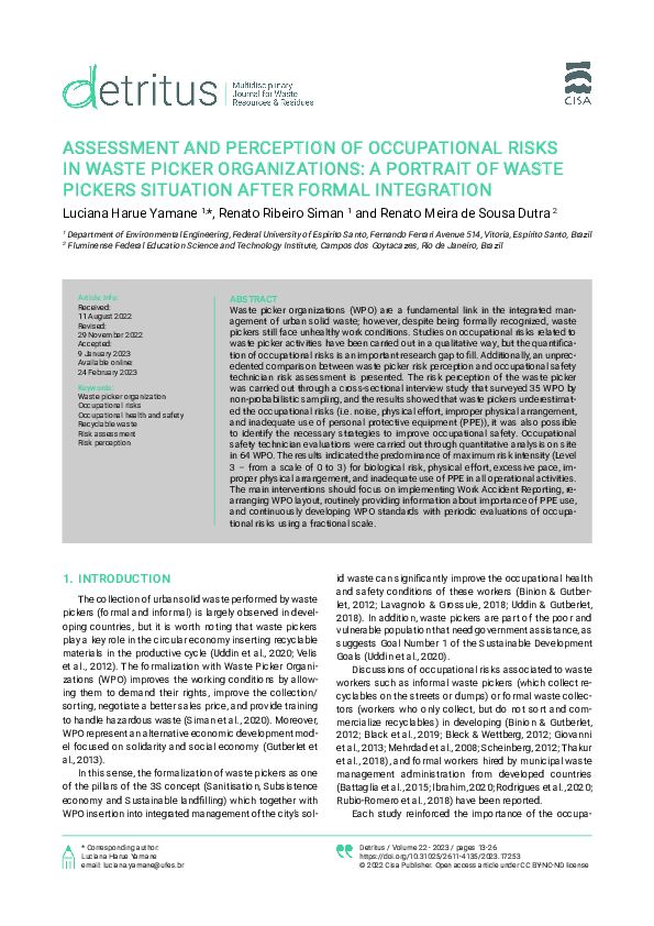 (PDF) Assessment and Perception of Occupational Risks in Waste Picker ...