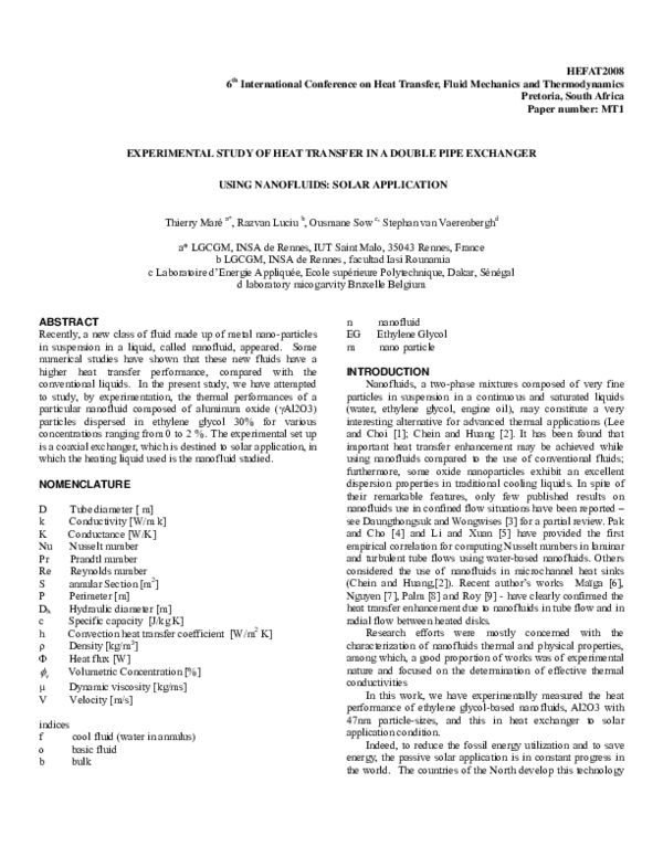 (PDF) Experimental study of heat transfer in a double pipe exchanger ...