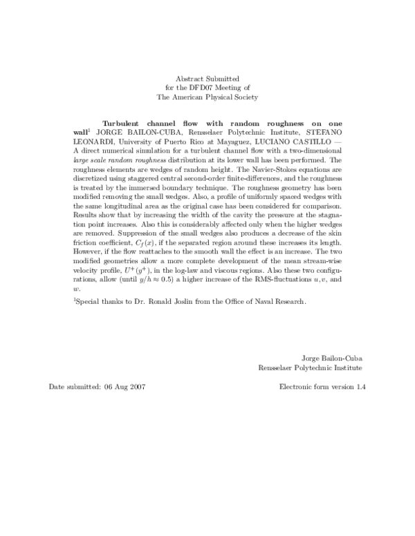 (PDF) Turbulent channel flow with random roughness on one wall