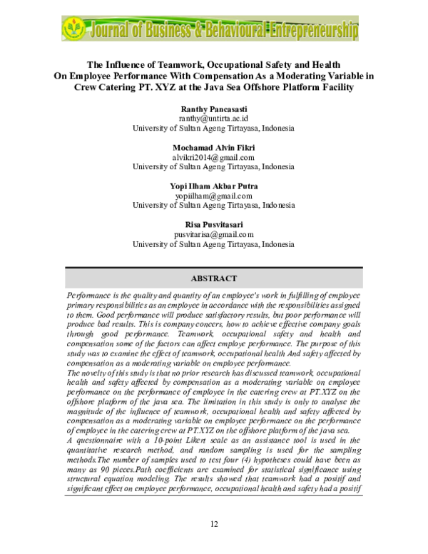(PDF) The Influence of Teamwork, Occupational Safety and Health On ...