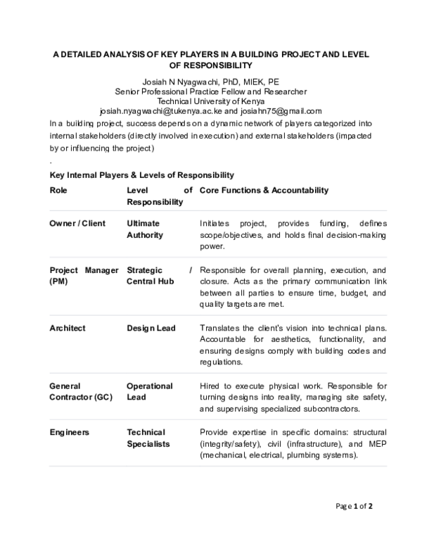 (PDF) A DETAILED ANALYSIS OF KEY PLAYERS IN A BUILDING PROJECT AND ...
