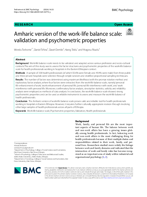 (PDF) Amharic version of the work-life balance scale: validation and ...