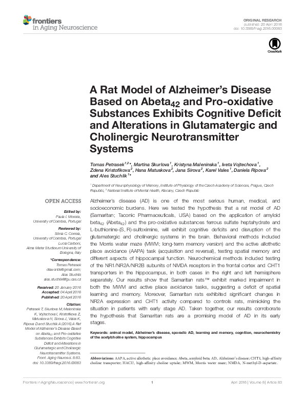 (PDF) A Rat Model of Alzheimer’s Disease Based on Abeta42 and Pro ...