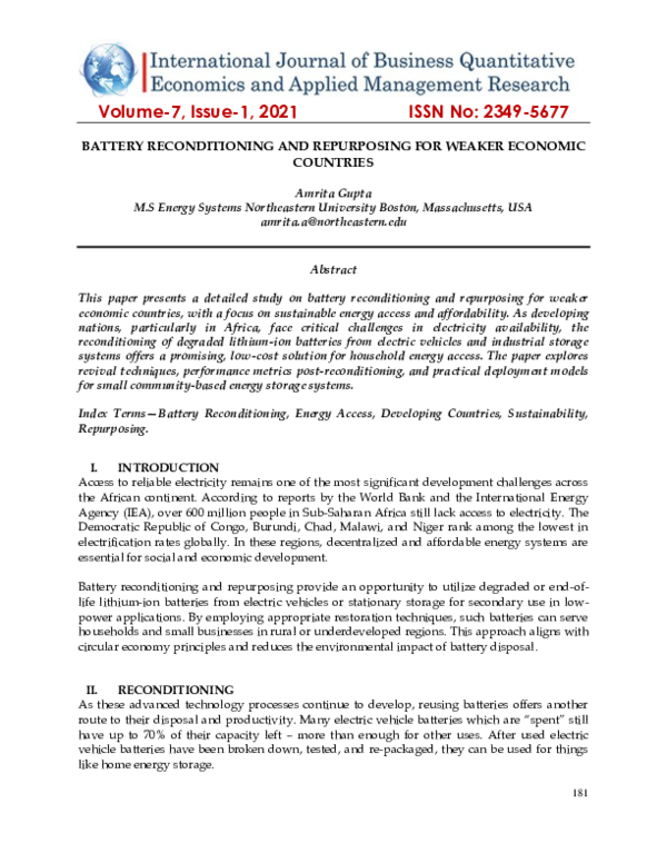 (PDF) BATTERY RECONDITIONING AND REPURPOSING FOR WEAKER ECONOMIC COUNTRIES