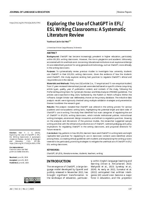 (PDF) Exploring the Use of ChatGPT in EFL/ ESL Writing Classrooms: A ...