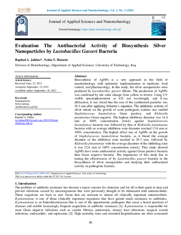 (PDF) Evaluation The Antibacterial Activity of Biosynthesis Silver ...