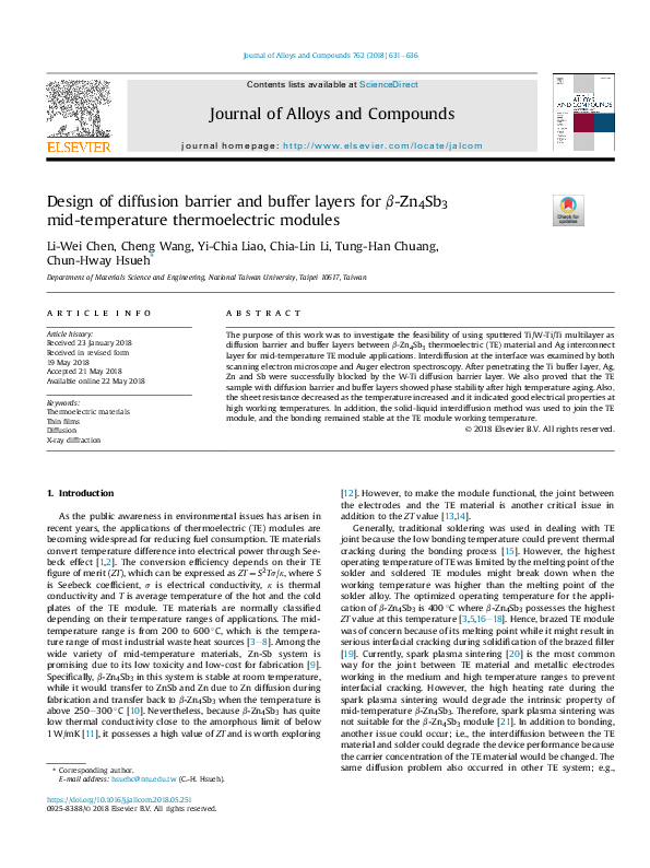 (PDF) Design of diffusion barrier and buffer layers for β-Zn4Sb3 mid ...