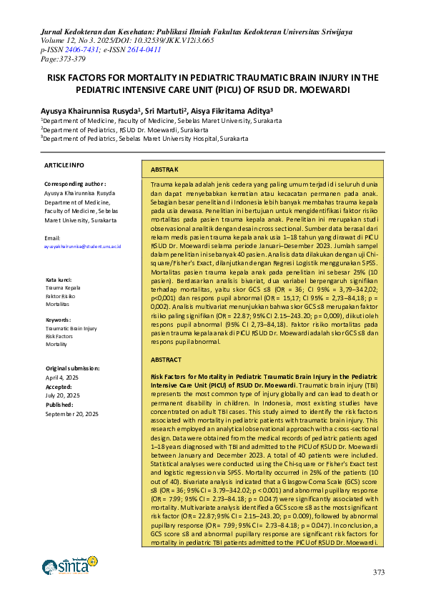 (PDF) RISK FACTORS FOR MORTALITY IN PEDIATRIC TRAUMATIC BRAIN INJURY IN ...