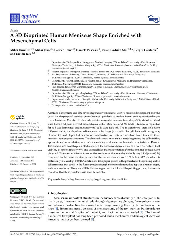 (PDF) A 3D Bioprinted Human Meniscus Shape Enriched with Mesenchymal Cells
