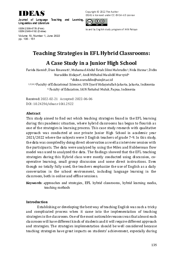(PDF) Teaching Strategies in EFL Hybrid Classroom : A Case Study in a ...