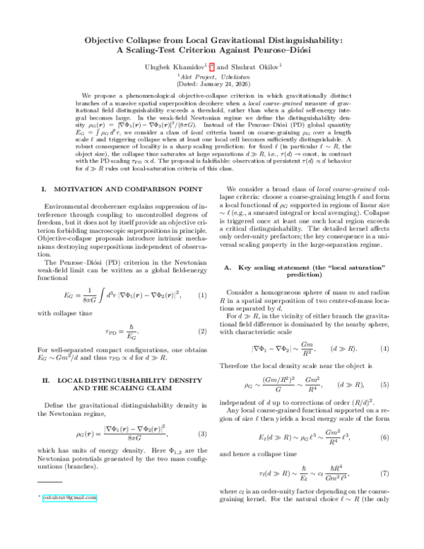(PDF) Objective Collapse from Local Gravitational Distinguishability: A ...