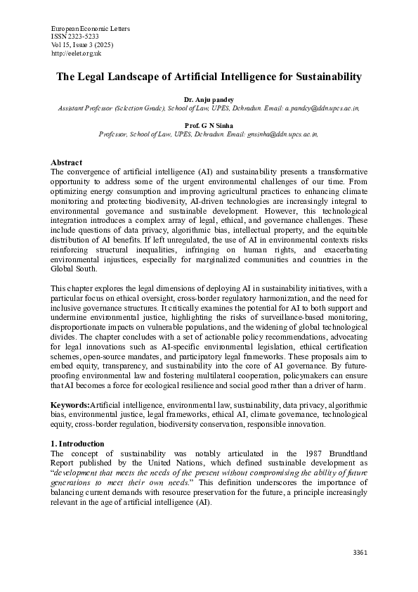 (PDF) The Legal Landscape of Artificial Intelligence for Sustainability
