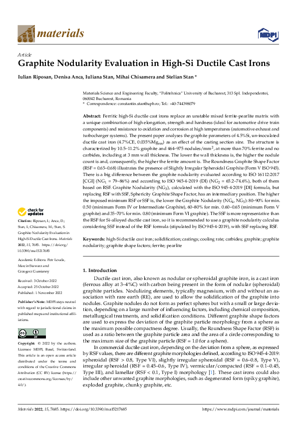 (PDF) Graphite Nodularity Evaluation in High-Si Ductile Cast Irons