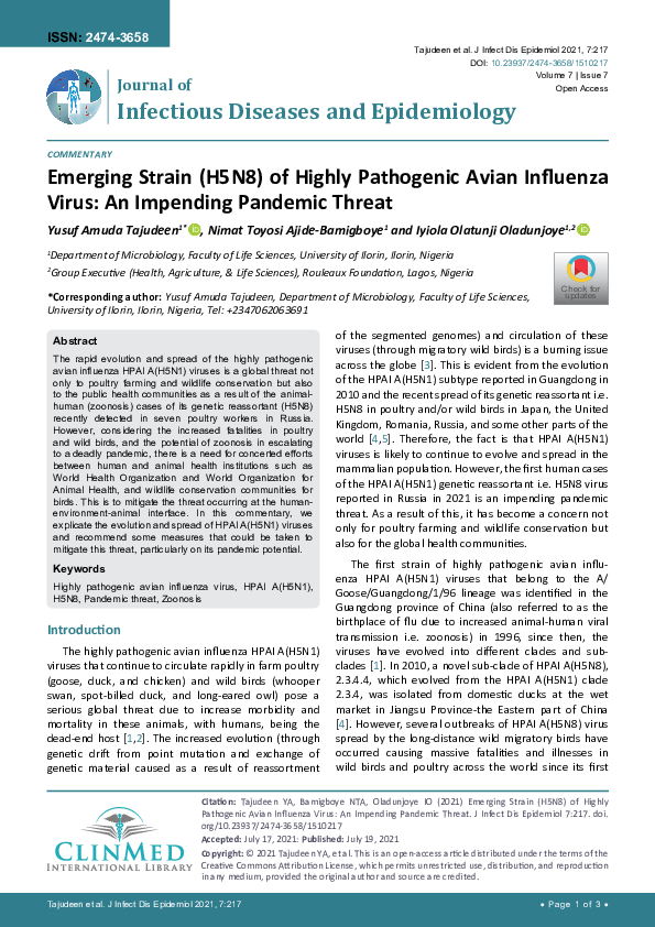(PDF) Emerging Strain (H5N8) of Highly Pathogenic Avian Influenza Virus ...
